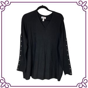 d & co Black Long Sleeve with Faux Pearl Detail V-Neck Tunic Sweater LARGE